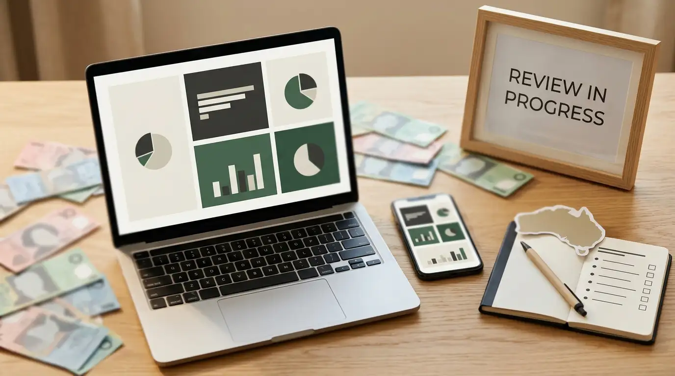 Editorial illustration of casino analysis on laptop and phone with Australian context