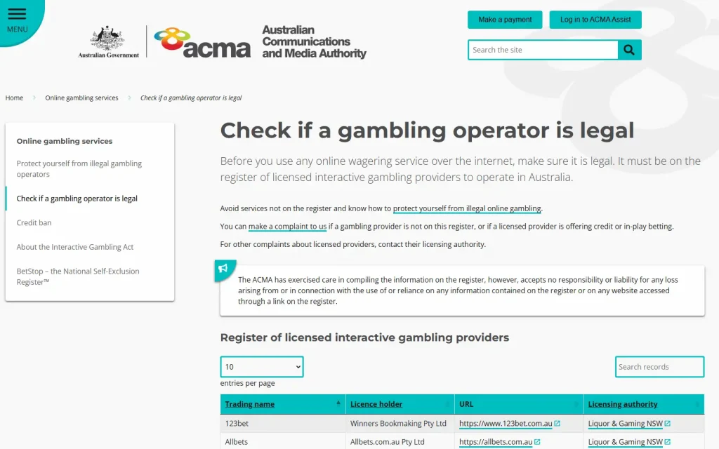 ACMA guidance page for checking whether an online gambling operator is legal in Australia