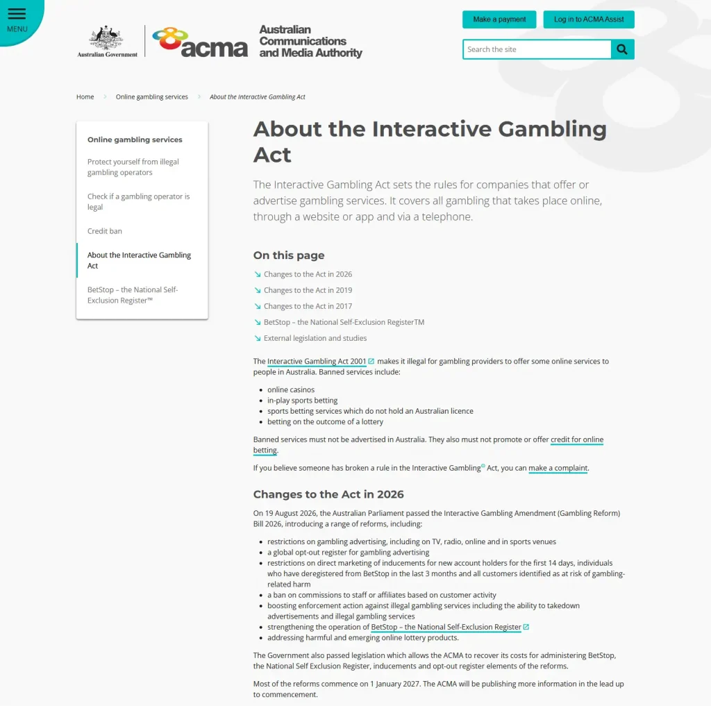 ACMA Interactive Gambling Act guidance showing banned online casino services and 2026 reform information