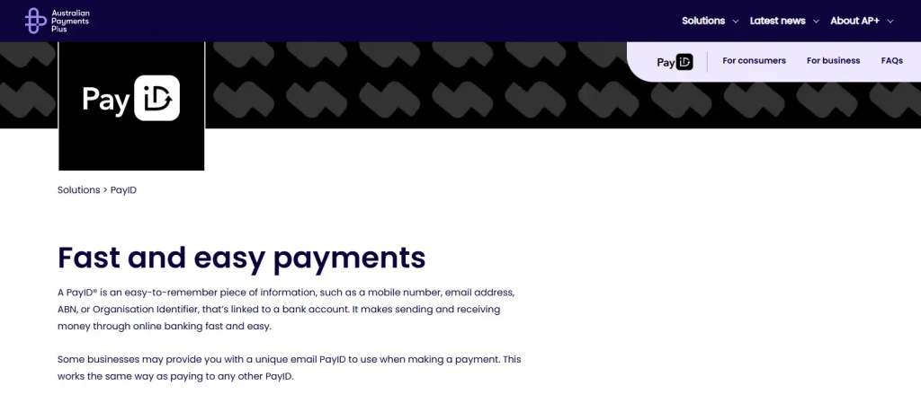 Australian Payments Plus PayID explainer showing the PayID payment identifier and payee-name confirmation concept