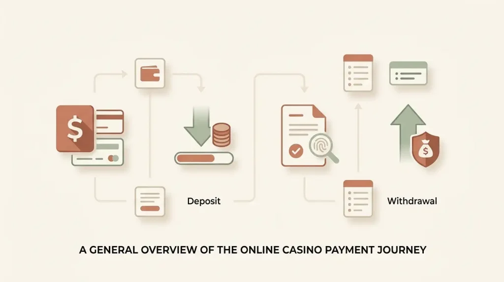Editorial diagram of an Australian dollar payment flow with deposit, identity check and withdrawal checkpoints