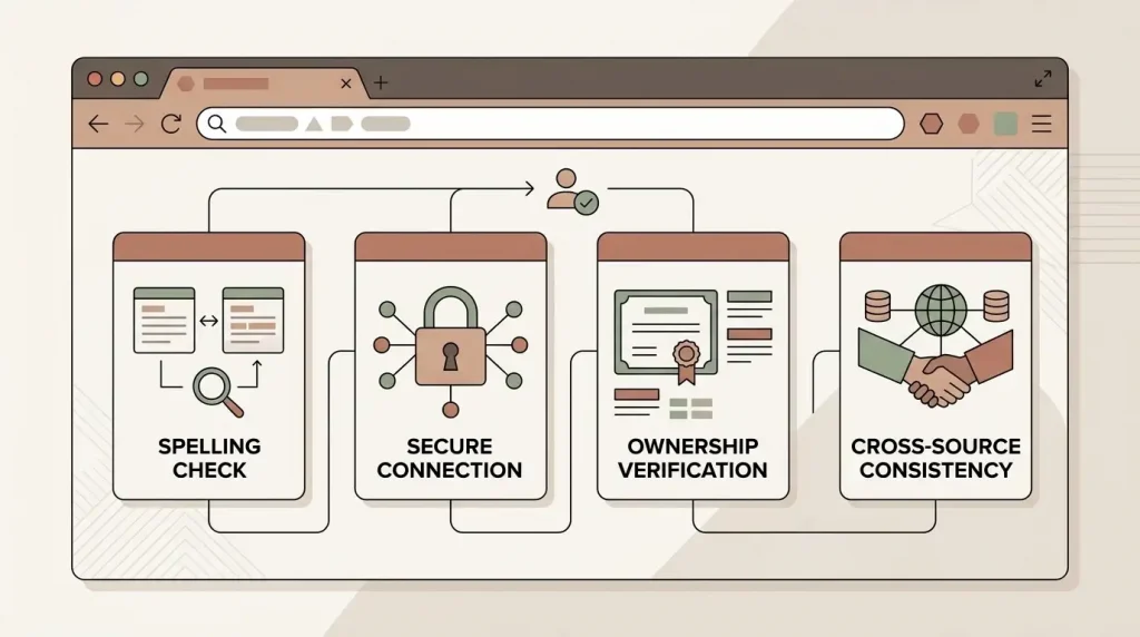Illustrated checklist for checking spelling, HTTPS, ownership information and source consistency before using a casino login page