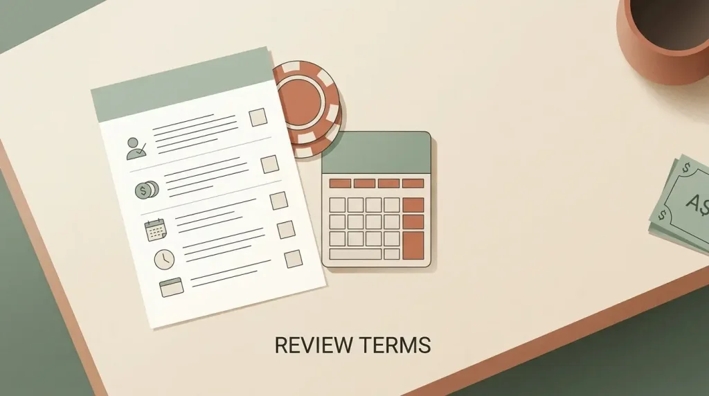 Neutral illustration of a casino bonus terms checklist in Australian dollars
