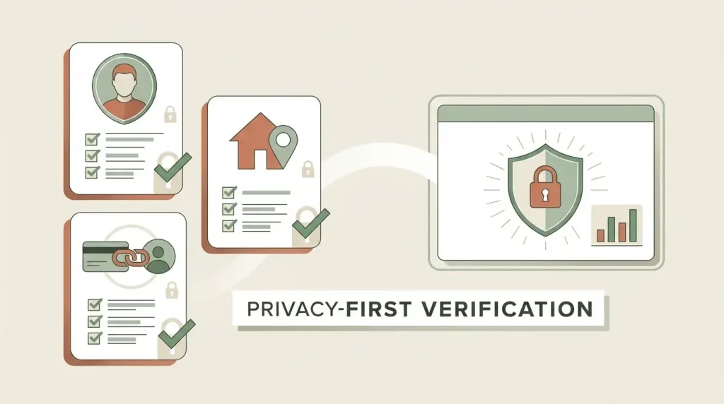 Privacy-first account verification checklist with generic identity, address and payment-account symbols